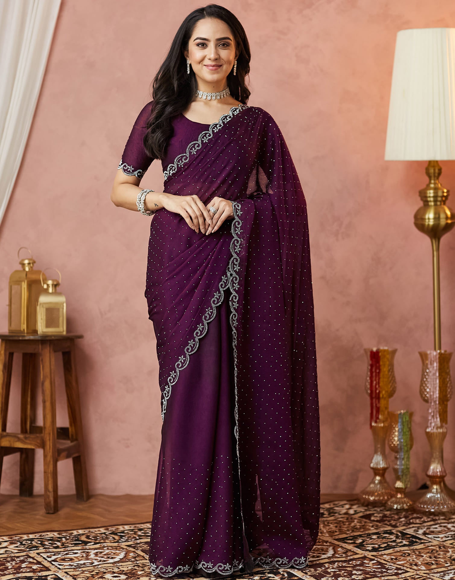 Dark Purple Georgette Stone Work Swarovski Saree