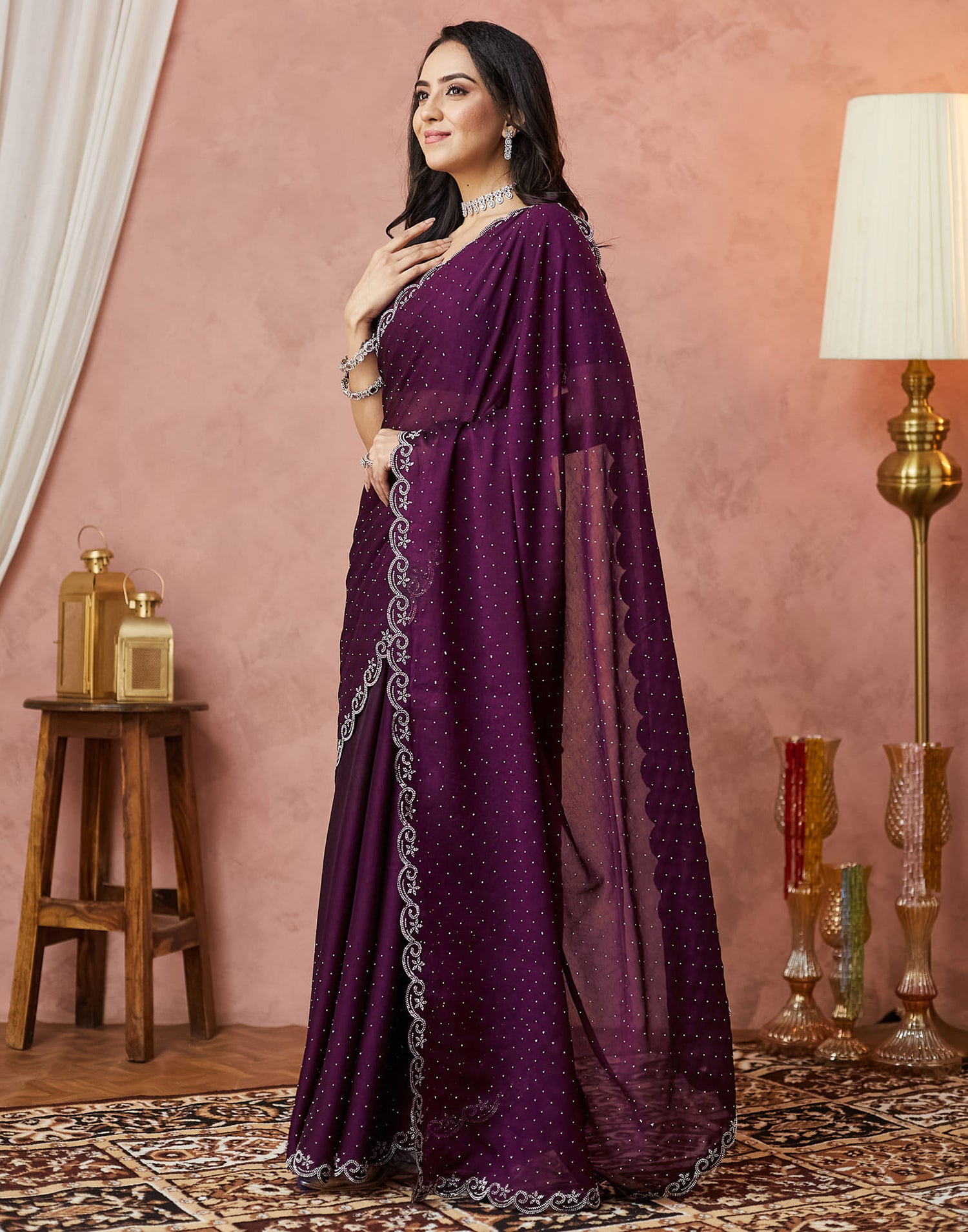 Dark Purple Georgette Stone Work Swarovski Saree