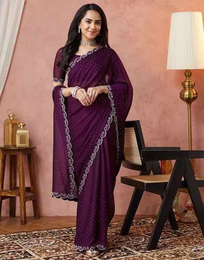 Dark Purple Georgette Stone Work Swarovski Saree