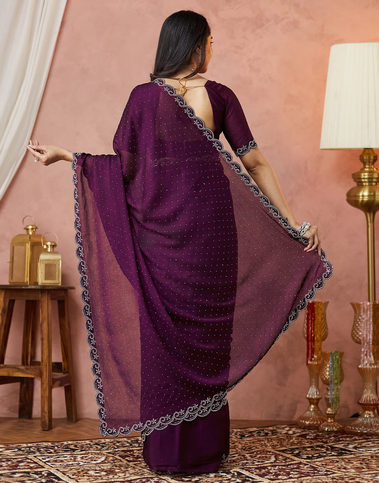 Dark Purple Georgette Stone Work Swarovski Saree