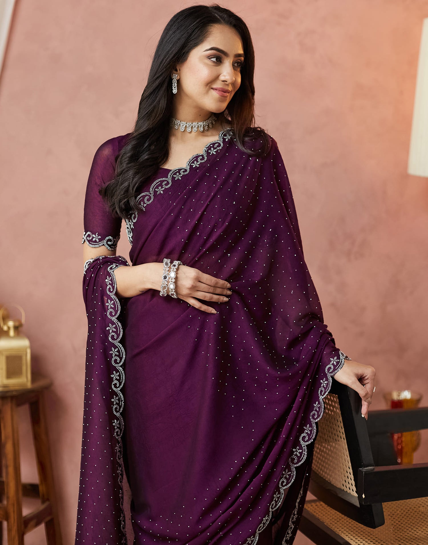 Dark Purple Georgette Stone Work Swarovski Saree