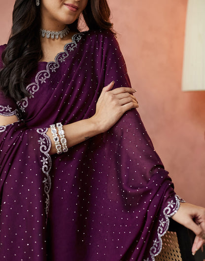 Dark Purple Georgette Stone Work Swarovski Saree