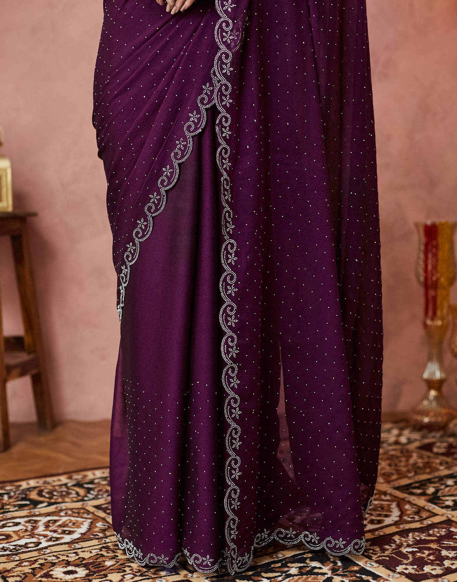 Dark Purple Georgette Stone Work Swarovski Saree