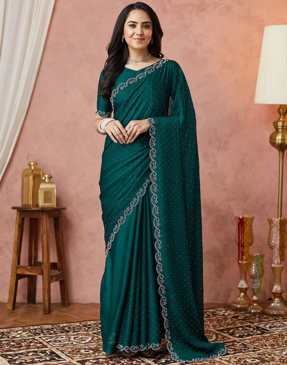 Dark Green Georgette Stone Work Swarovski Saree