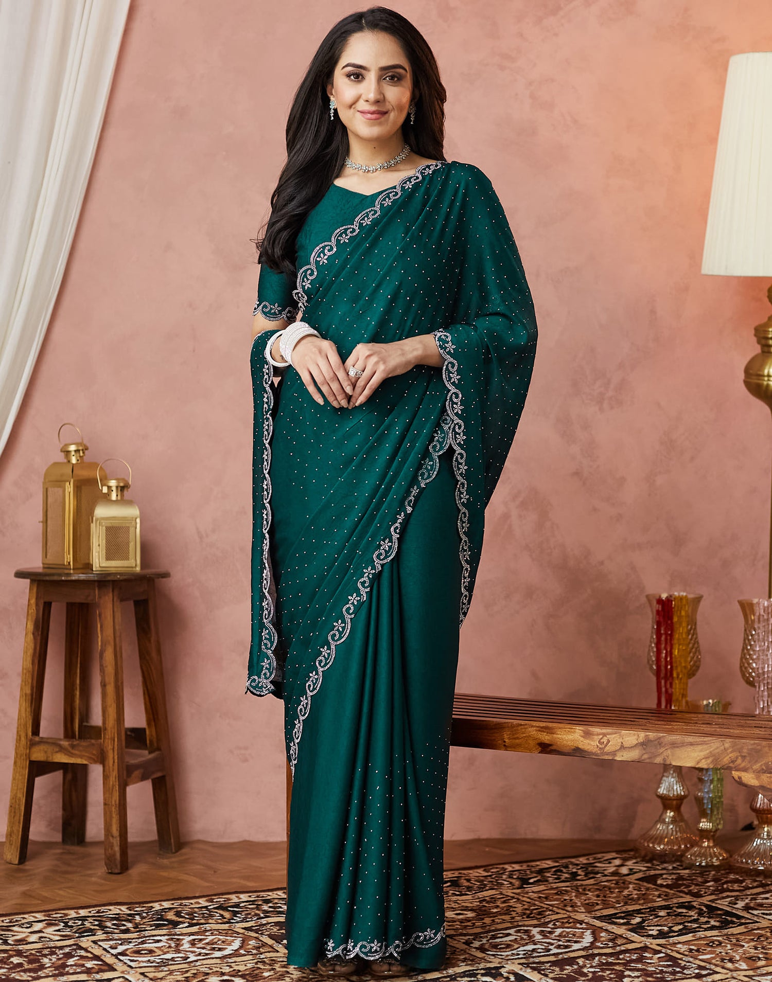 Dark Green Georgette Stone Work Swarovski Saree