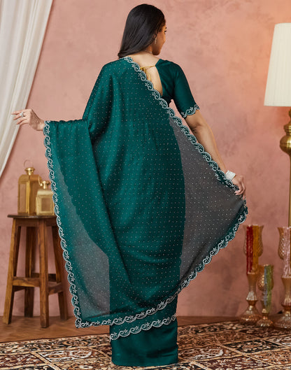 Dark Green Georgette Stone Work Swarovski Saree