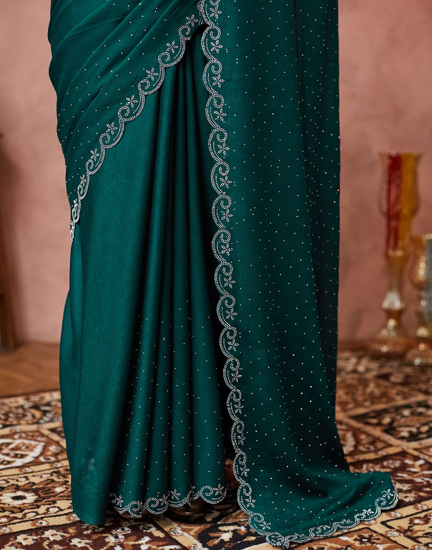 Dark Green Georgette Stone Work Swarovski Saree