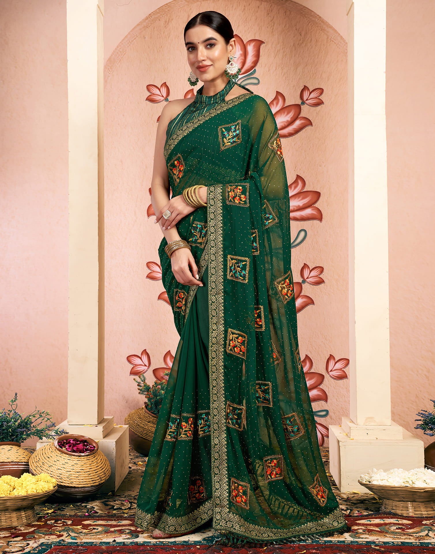 Dark Green Georgette Embroidery Embellished Saree