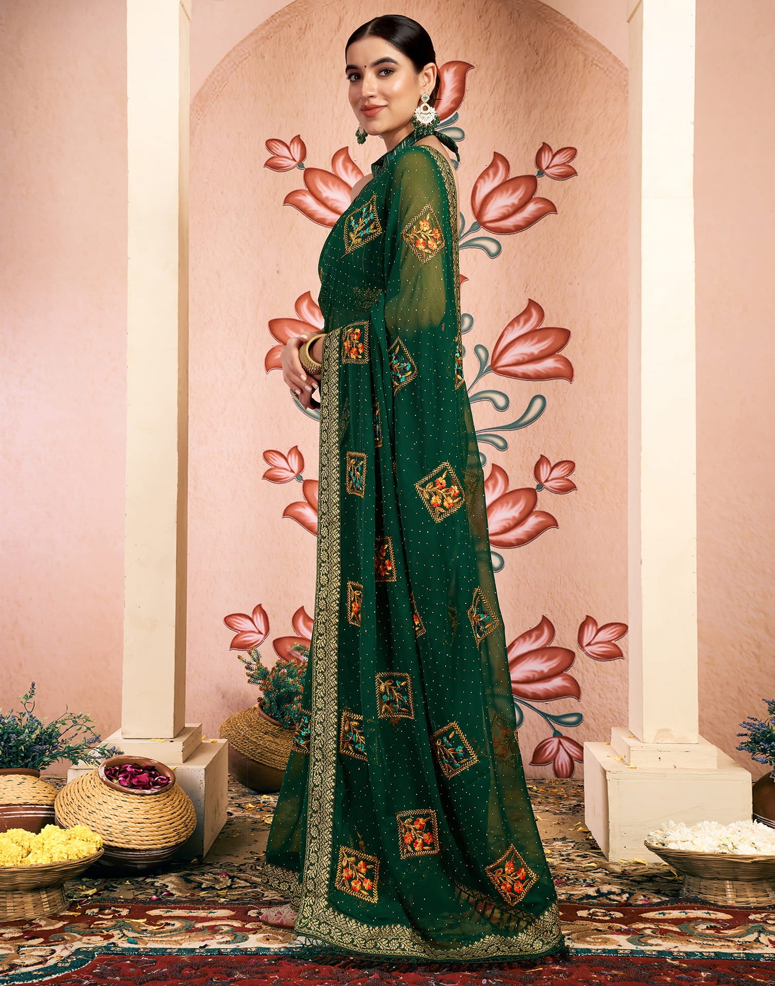 Dark Green Georgette Embroidery Embellished Saree