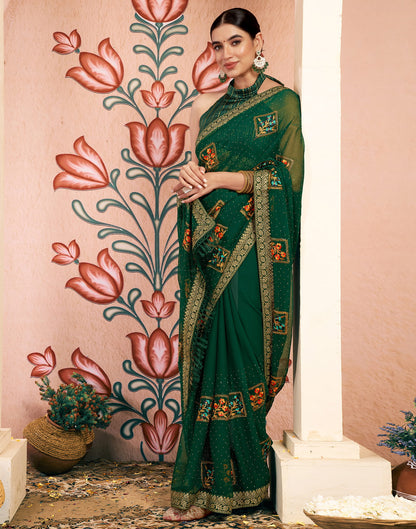 Dark Green Georgette Embroidery Embellished Saree