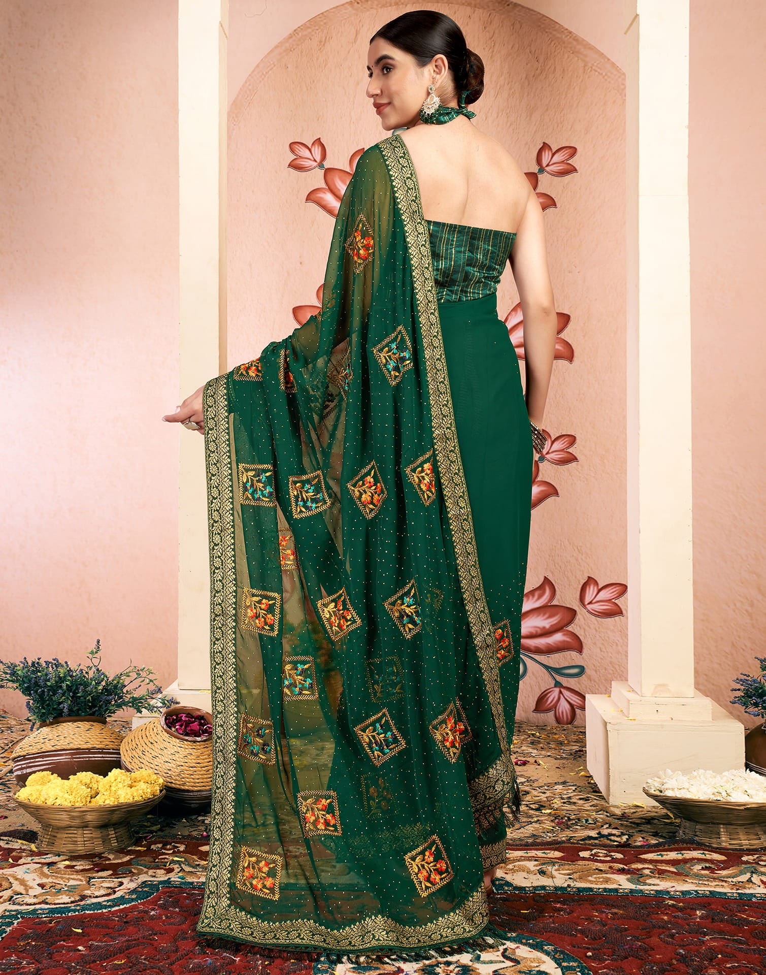 Dark Green Georgette Embroidery Embellished Saree