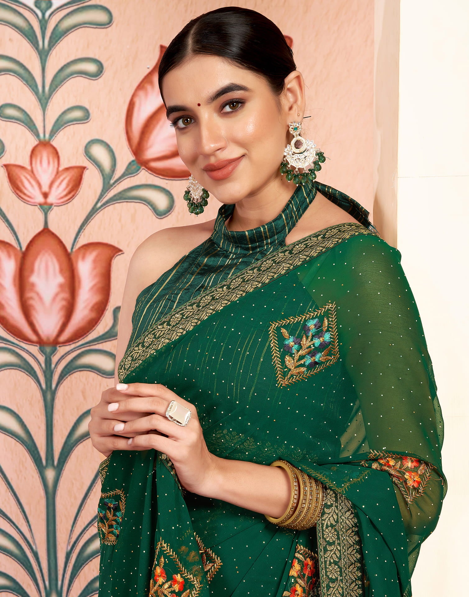 Dark Green Georgette Embroidery Embellished Saree