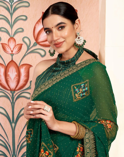 Dark Green Georgette Embroidery Embellished Saree