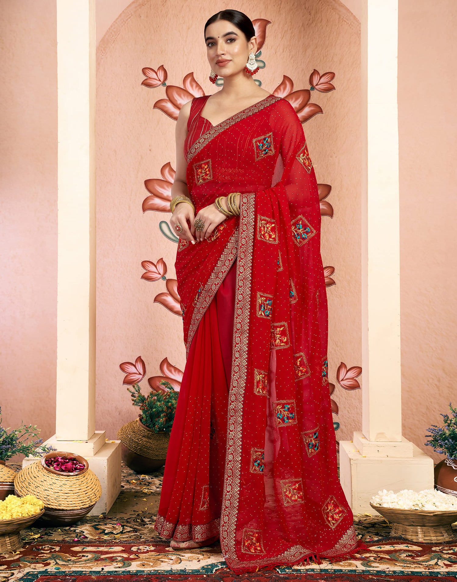 Red Georgette Embroidery Embellished Saree