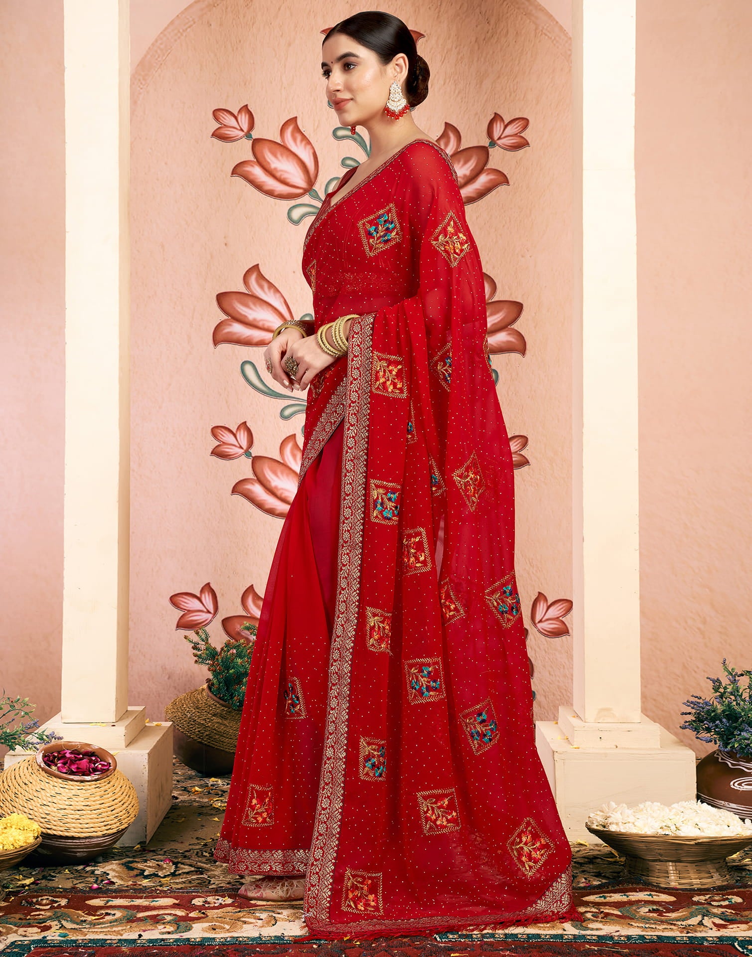 Red Georgette Embroidery Embellished Saree