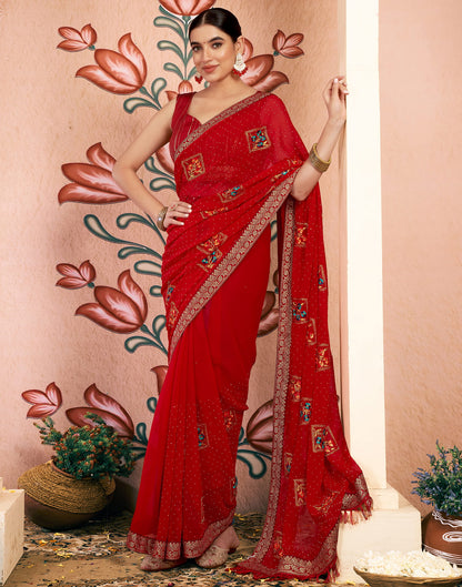 Red Georgette Embroidery Embellished Saree