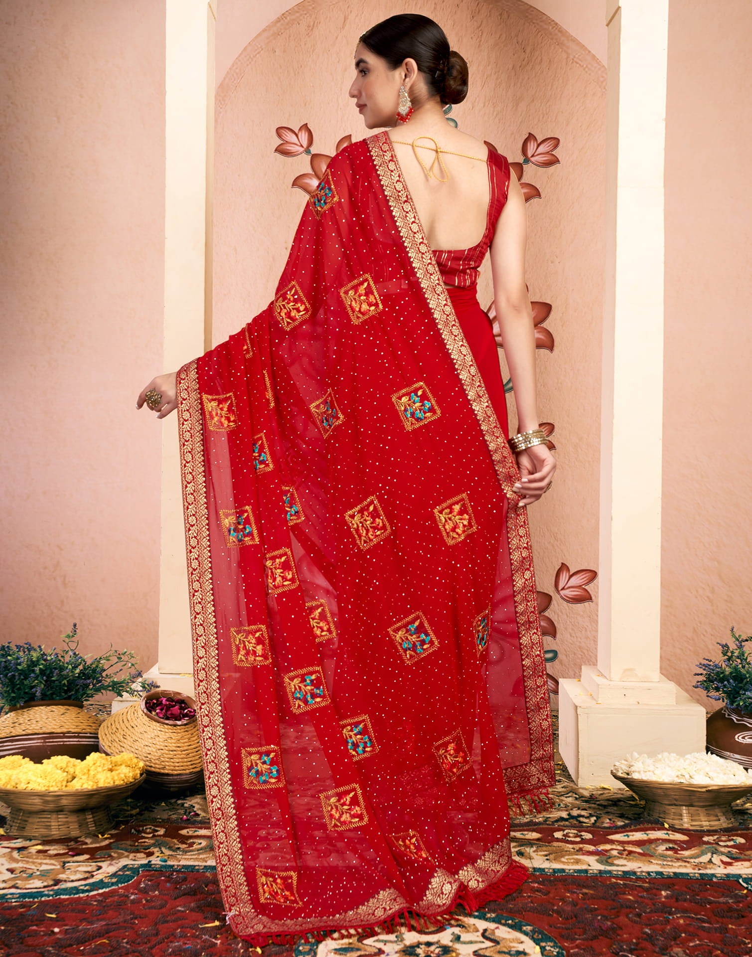 Red Georgette Embroidery Embellished Saree