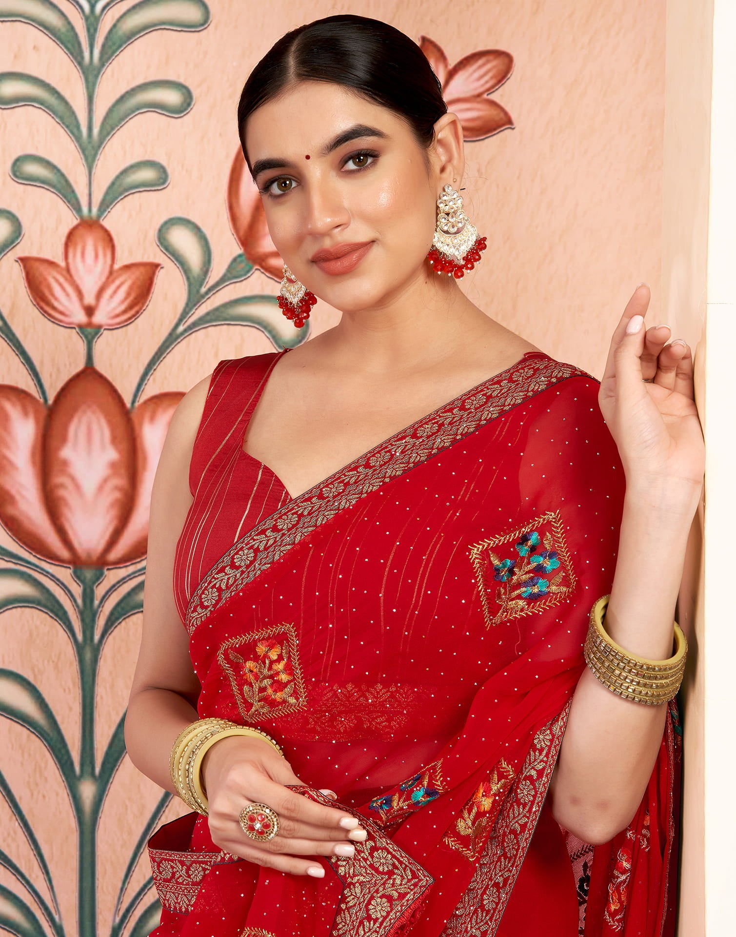 Red Georgette Embroidery Embellished Saree