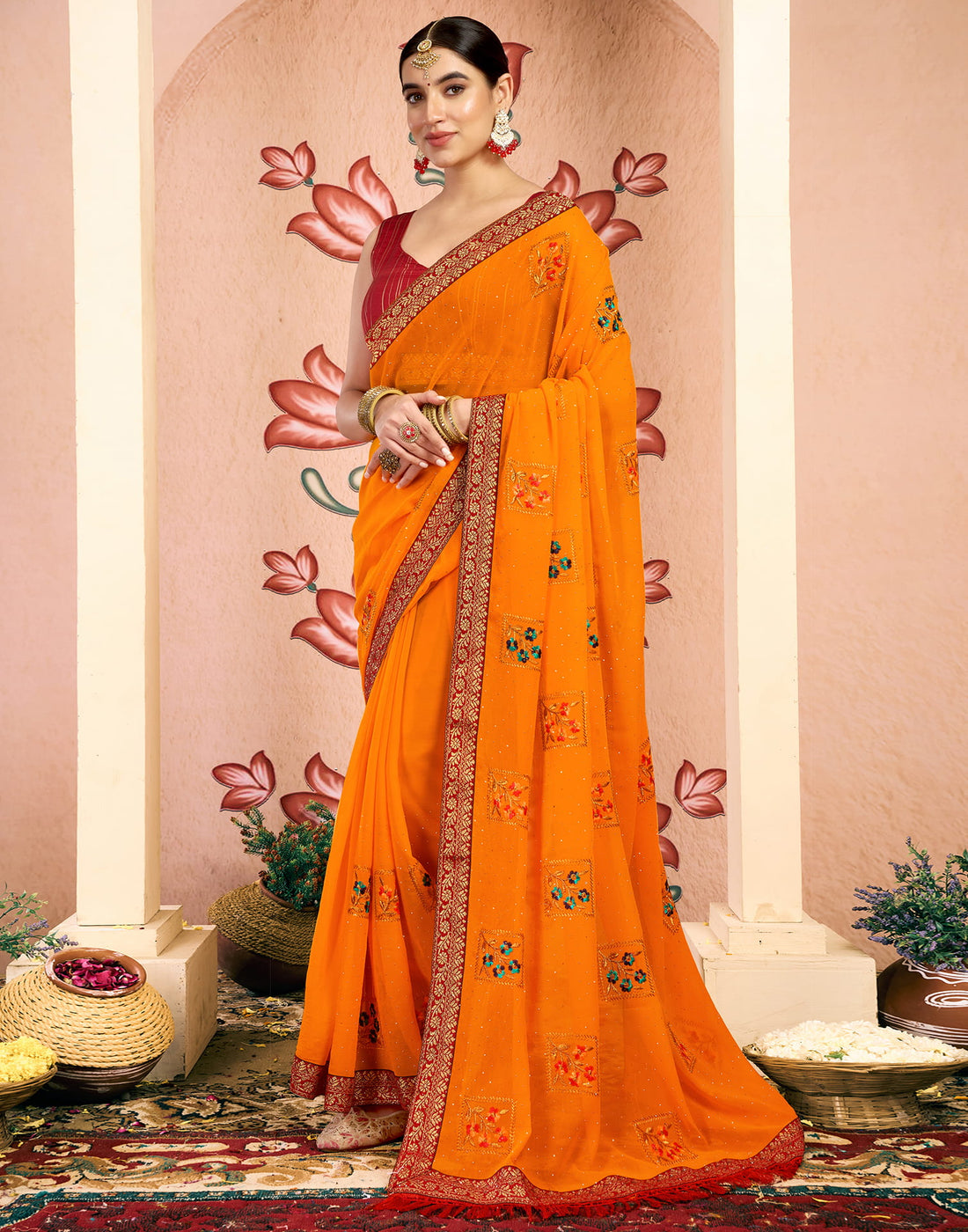 Yellow Georgette Embroidery Embellished Saree