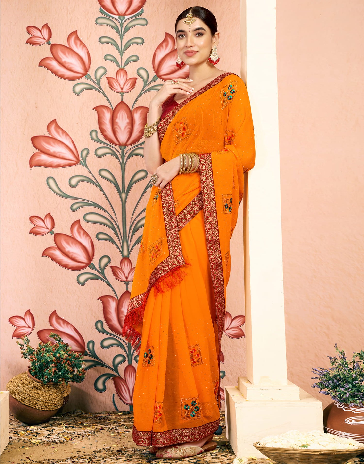 Yellow Georgette Embroidery Embellished Saree