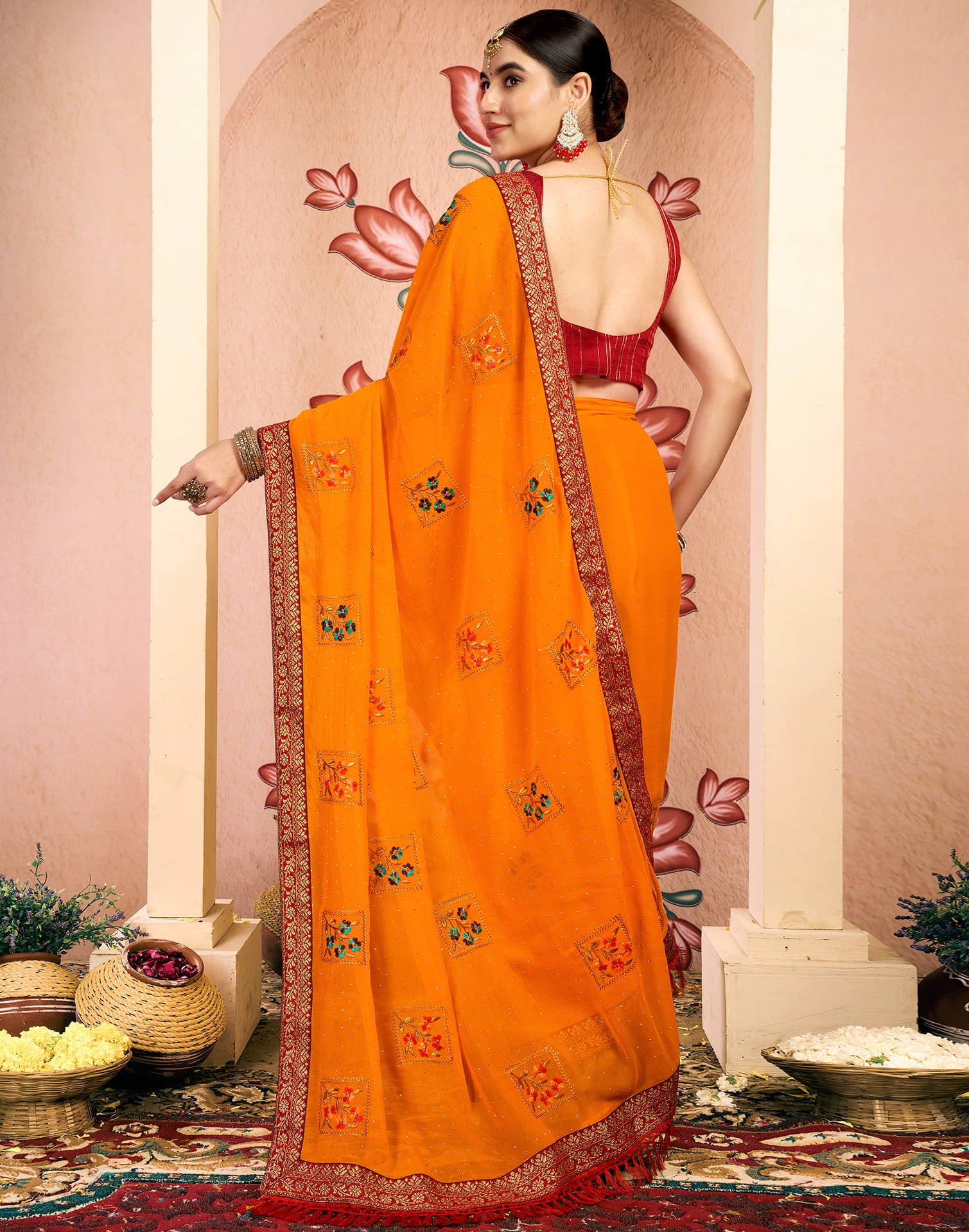 Yellow Georgette Embroidery Embellished Saree