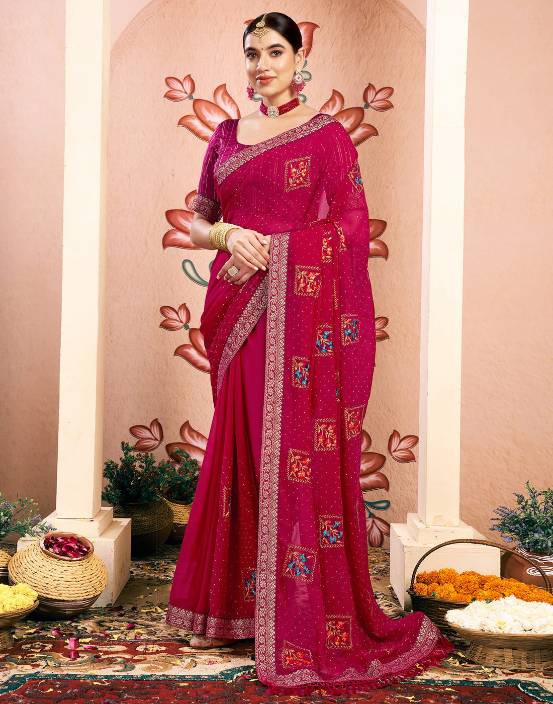 Pink Georgette Embroidery Embellished Saree