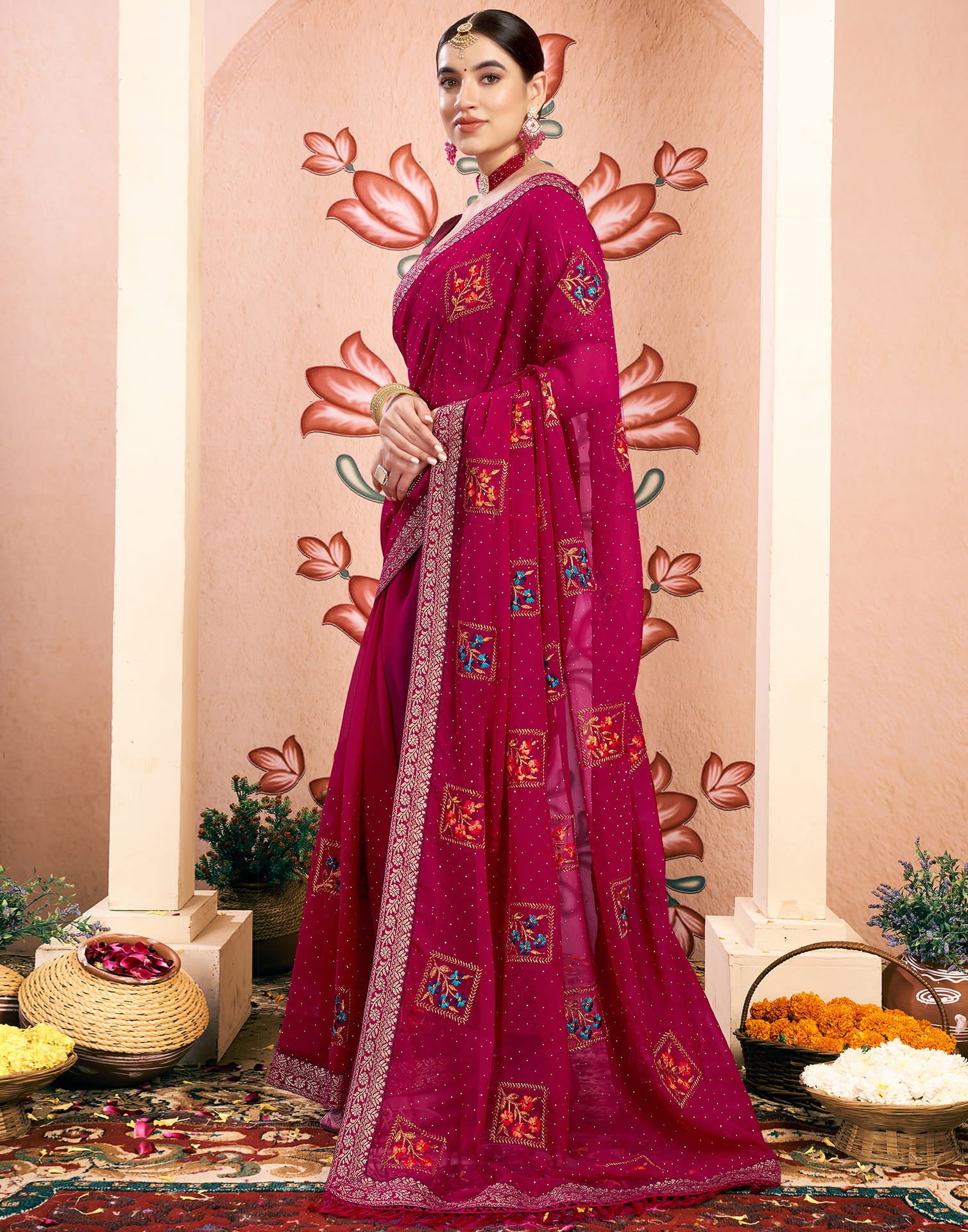 Pink Georgette Embroidery Embellished Saree