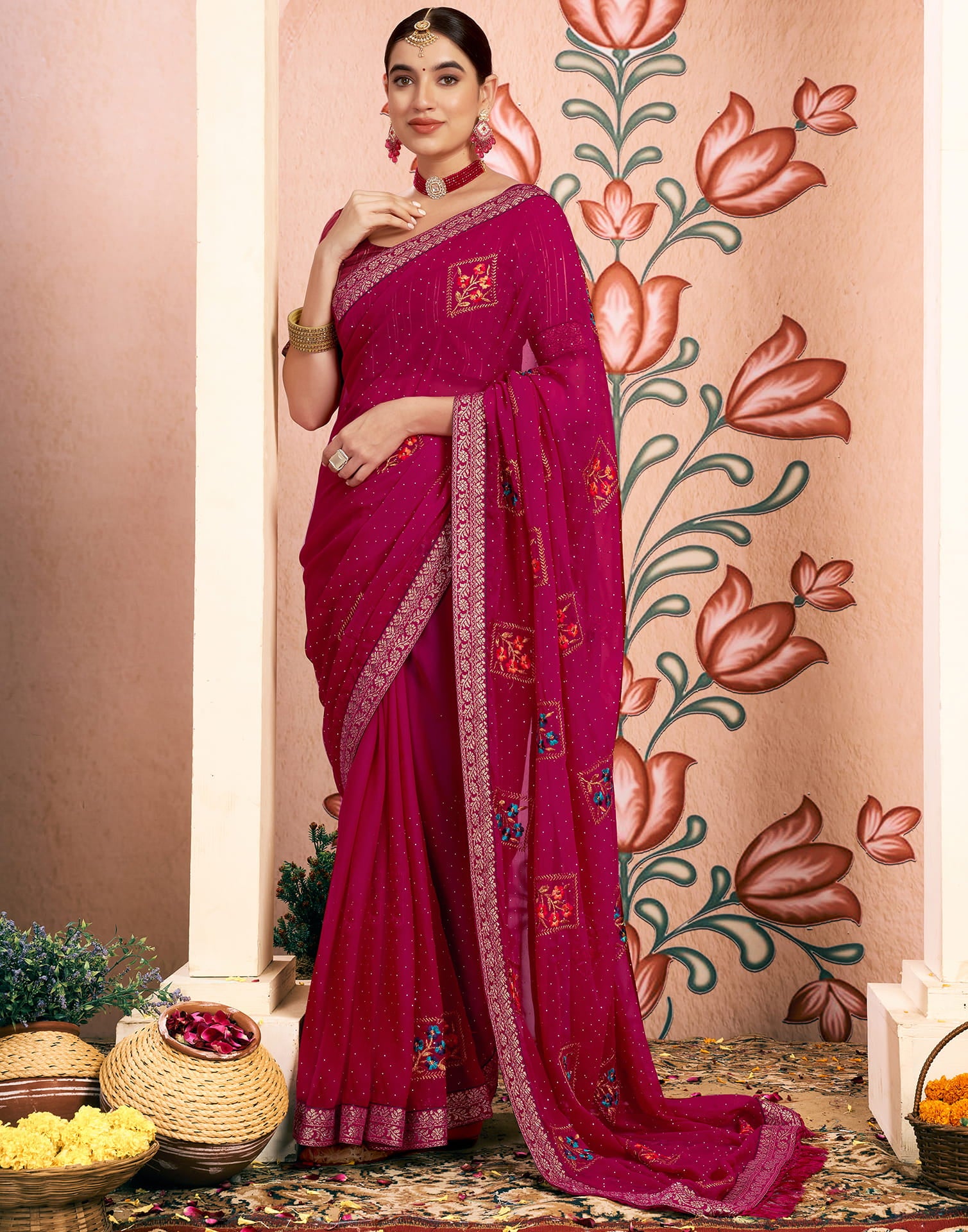 Rani Pink Georgette Embroidery Embellished Saree