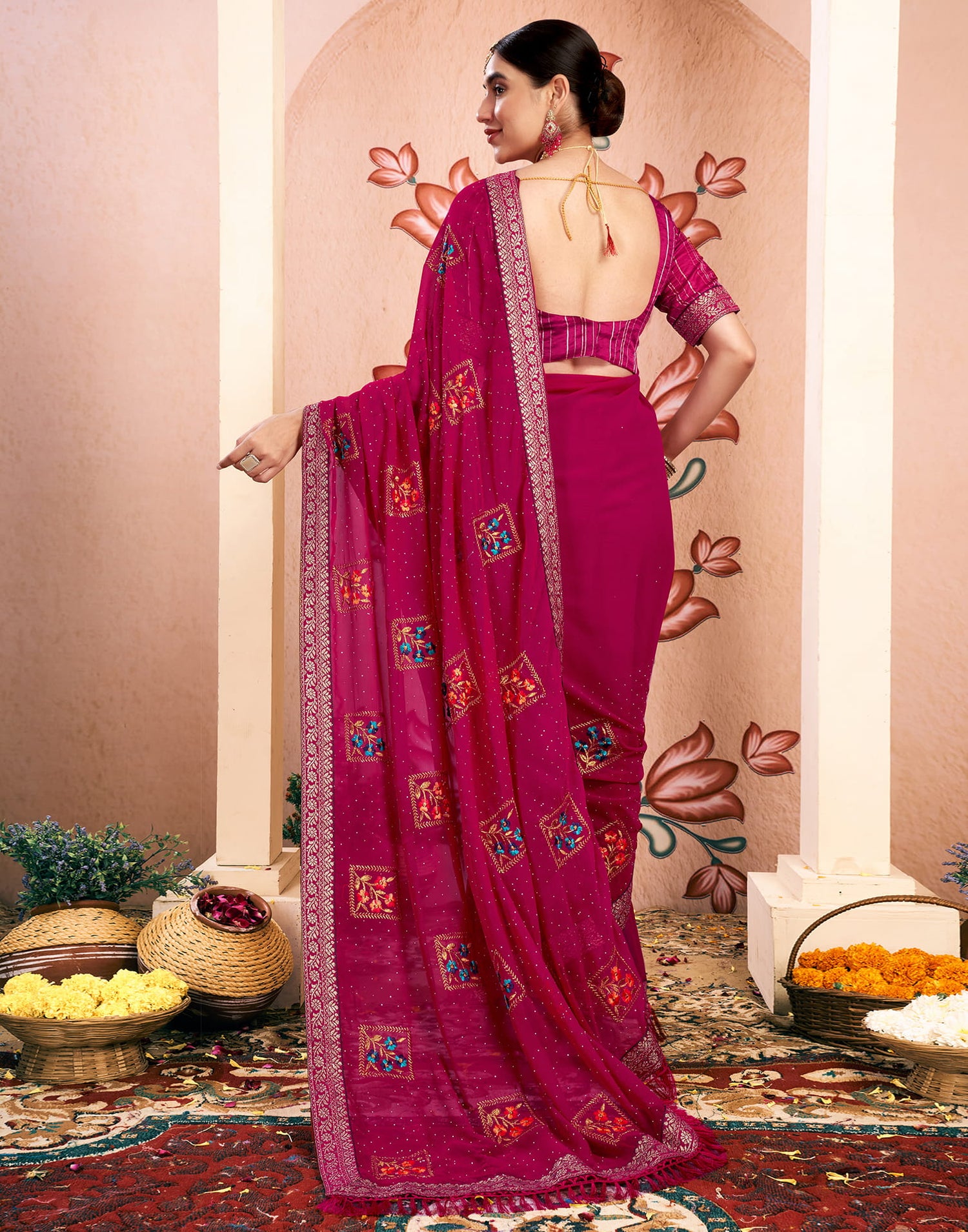 Pink Georgette Embroidery Embellished Saree