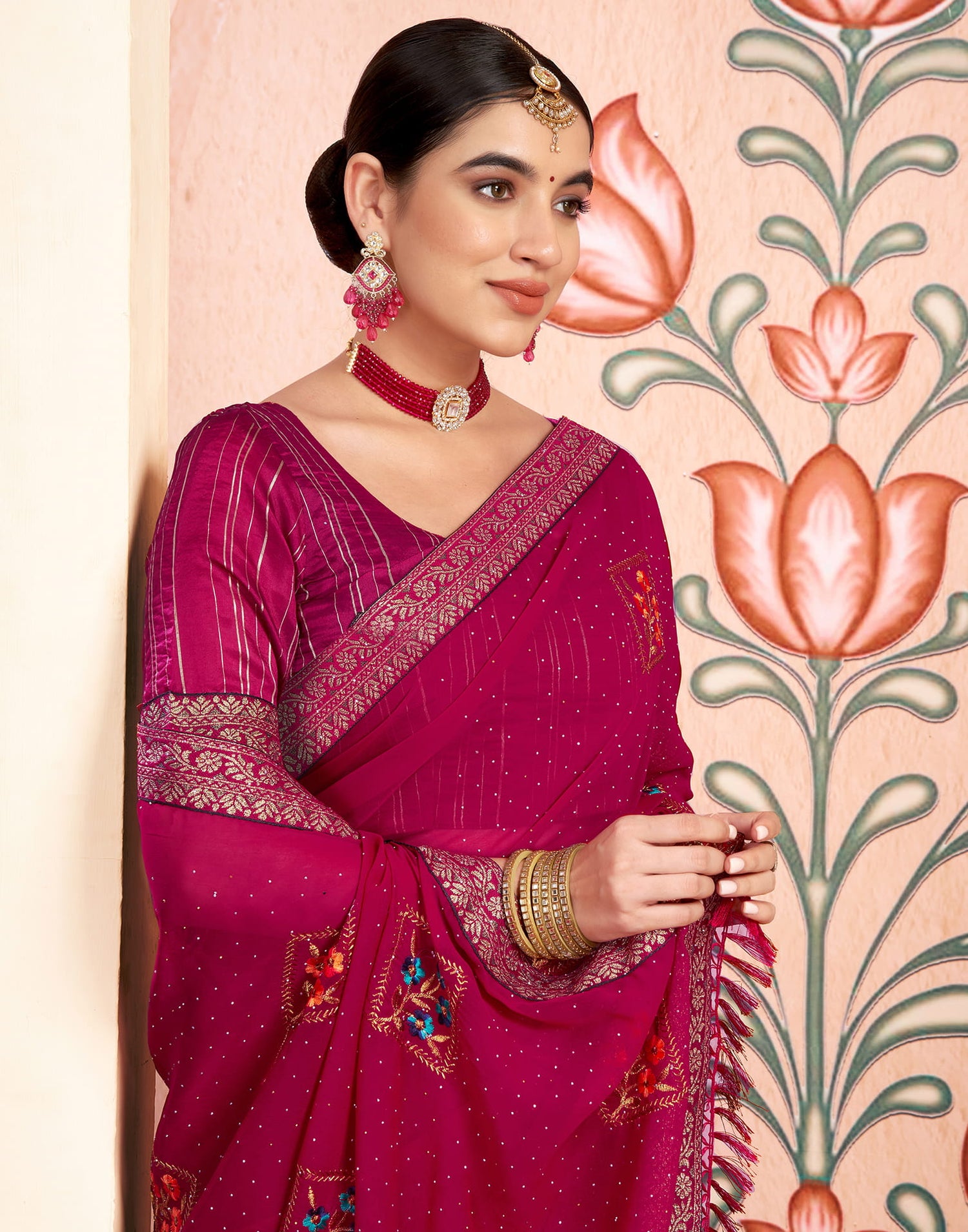 Pink Georgette Embroidery Embellished Saree