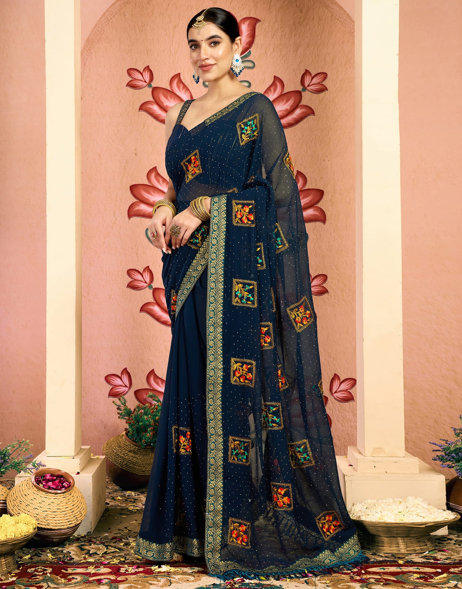 Rama Blue Georgette Embroidery Embellished Saree