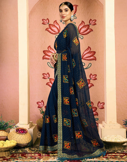 Rama Blue Georgette Embroidery Embellished Saree