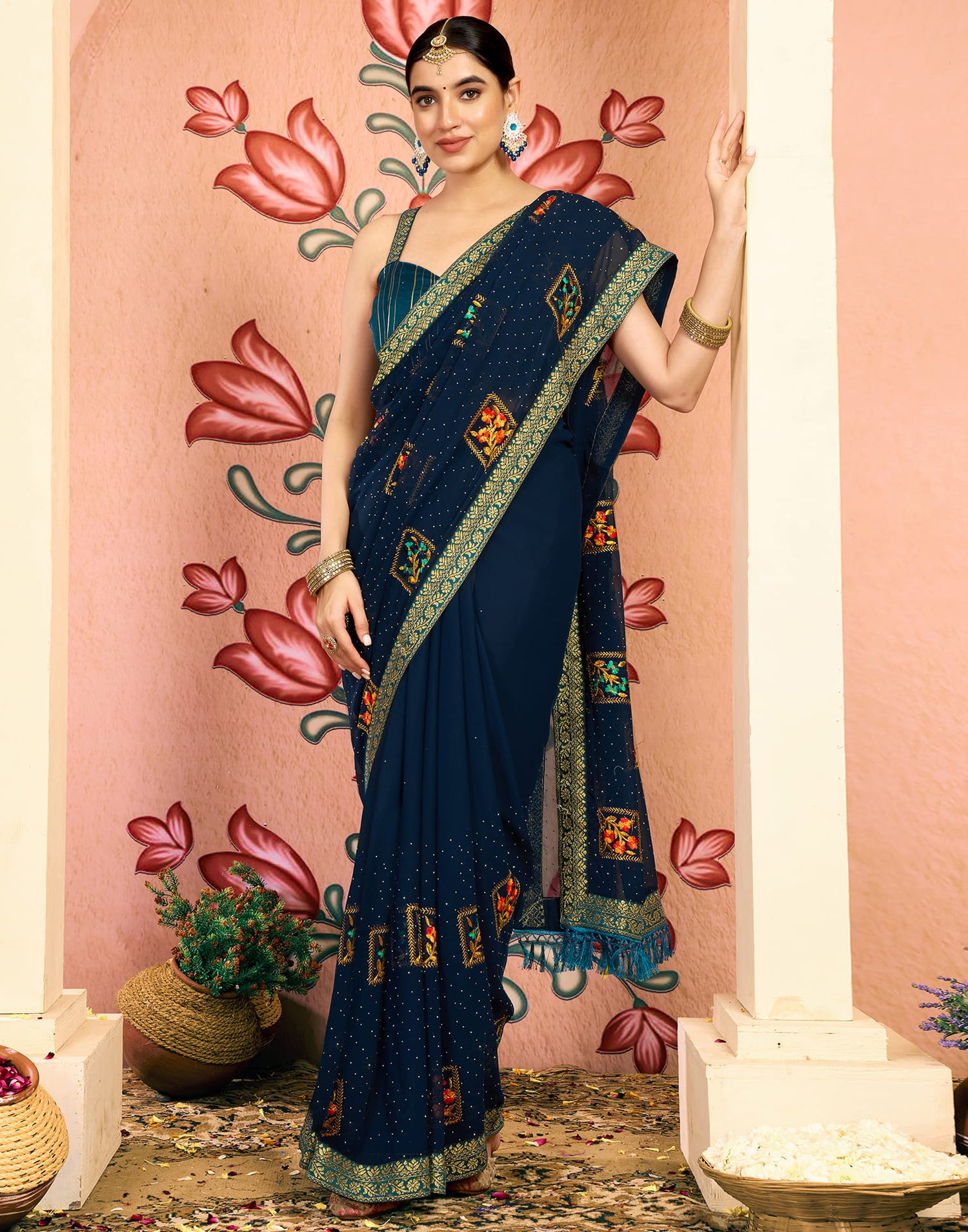 Rama Blue Georgette Embroidery Embellished Saree