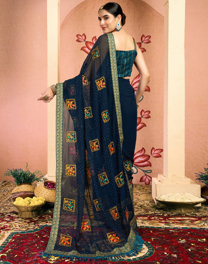 Rama Blue Georgette Embroidery Embellished Saree