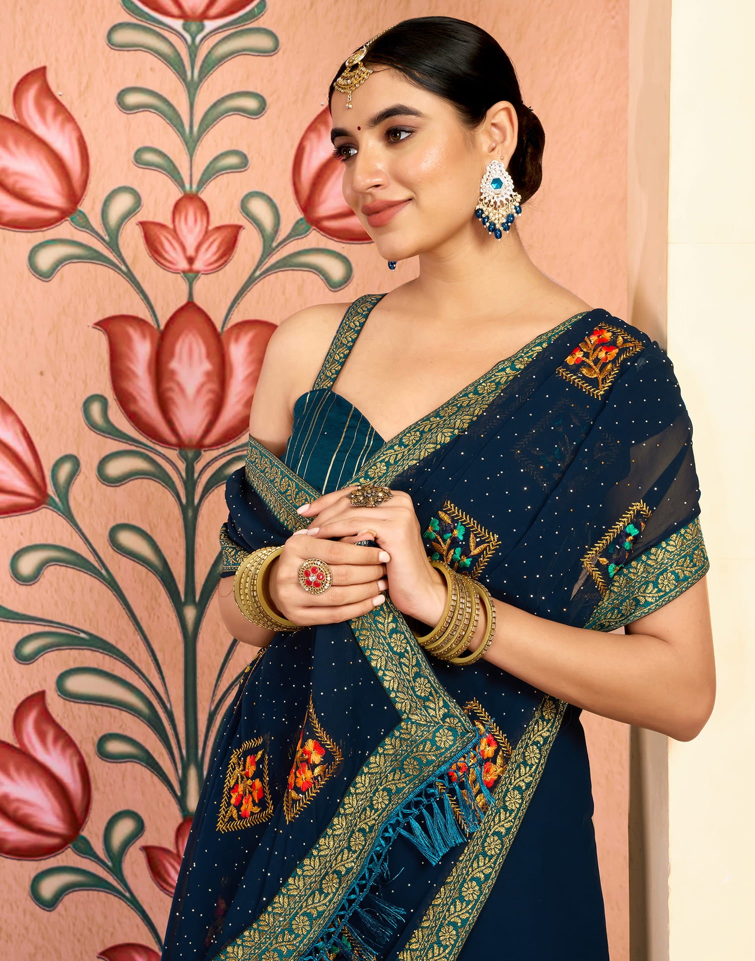 Rama Blue Georgette Embroidery Embellished Saree