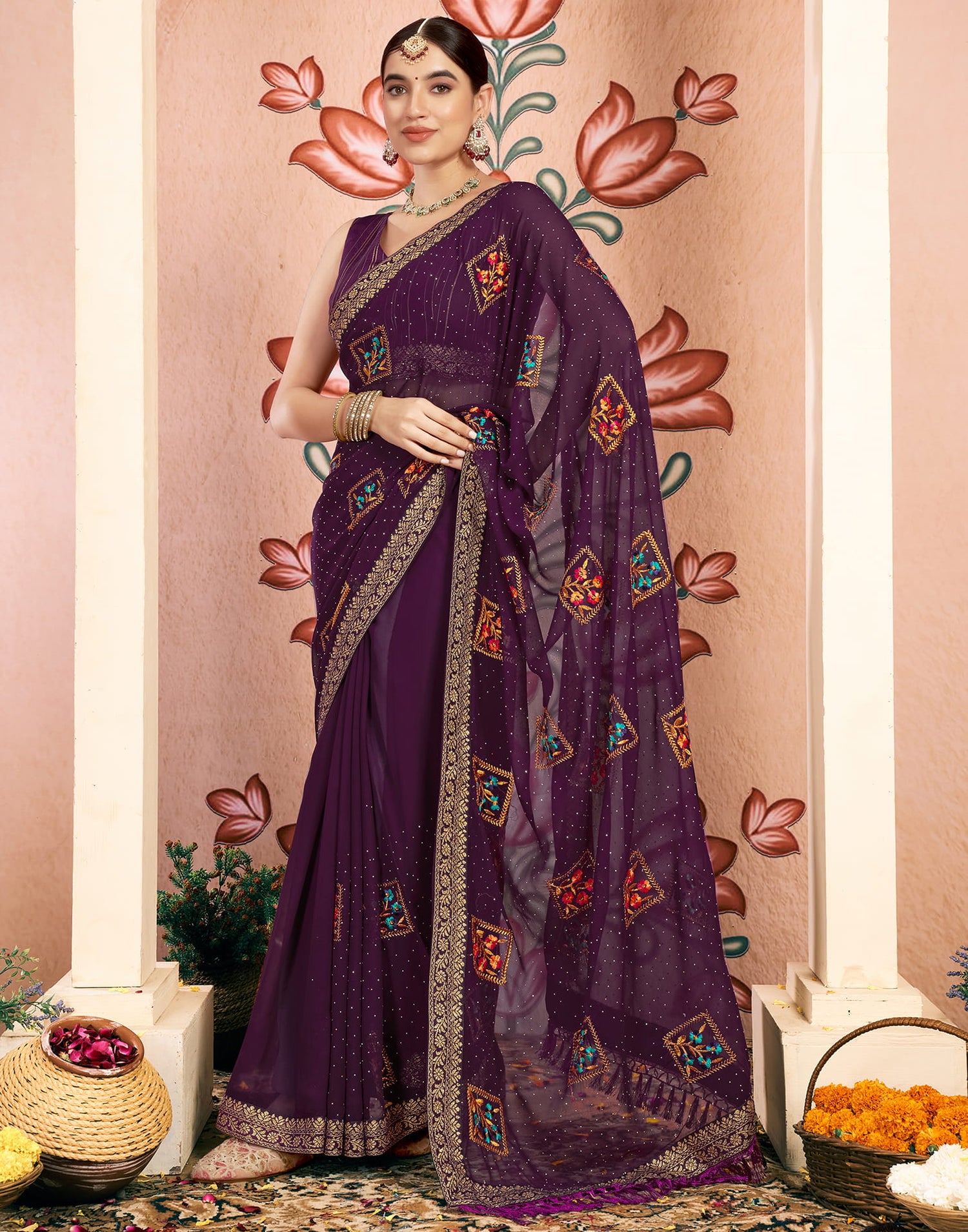 Wine Georgette Embroidery Embellished Saree