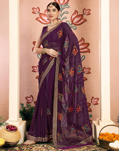 Dark Purple Georgette Embroidery Embellished Saree