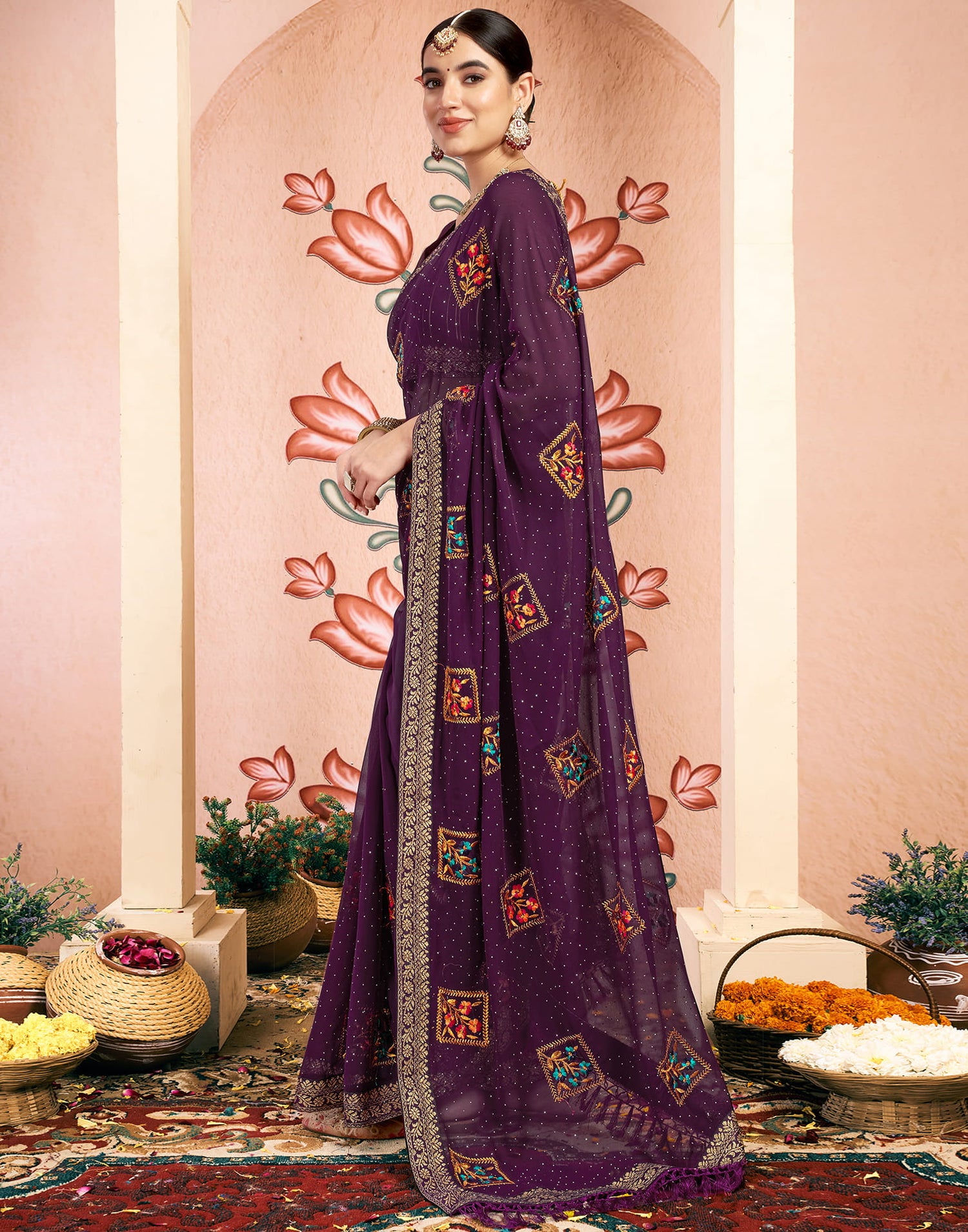 Wine Georgette Embroidery Embellished Saree