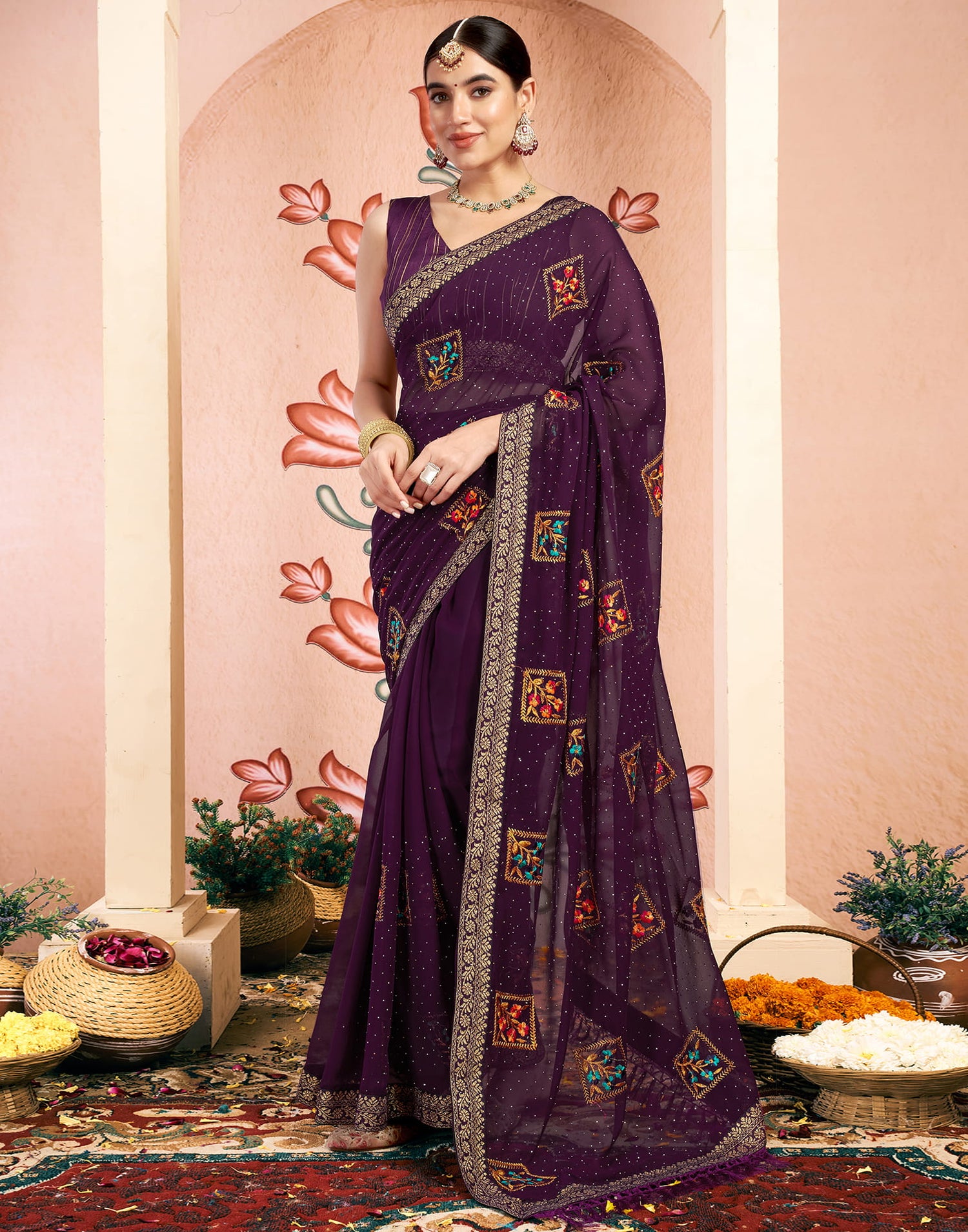 Dark Purple Georgette Embroidery Embellished Saree