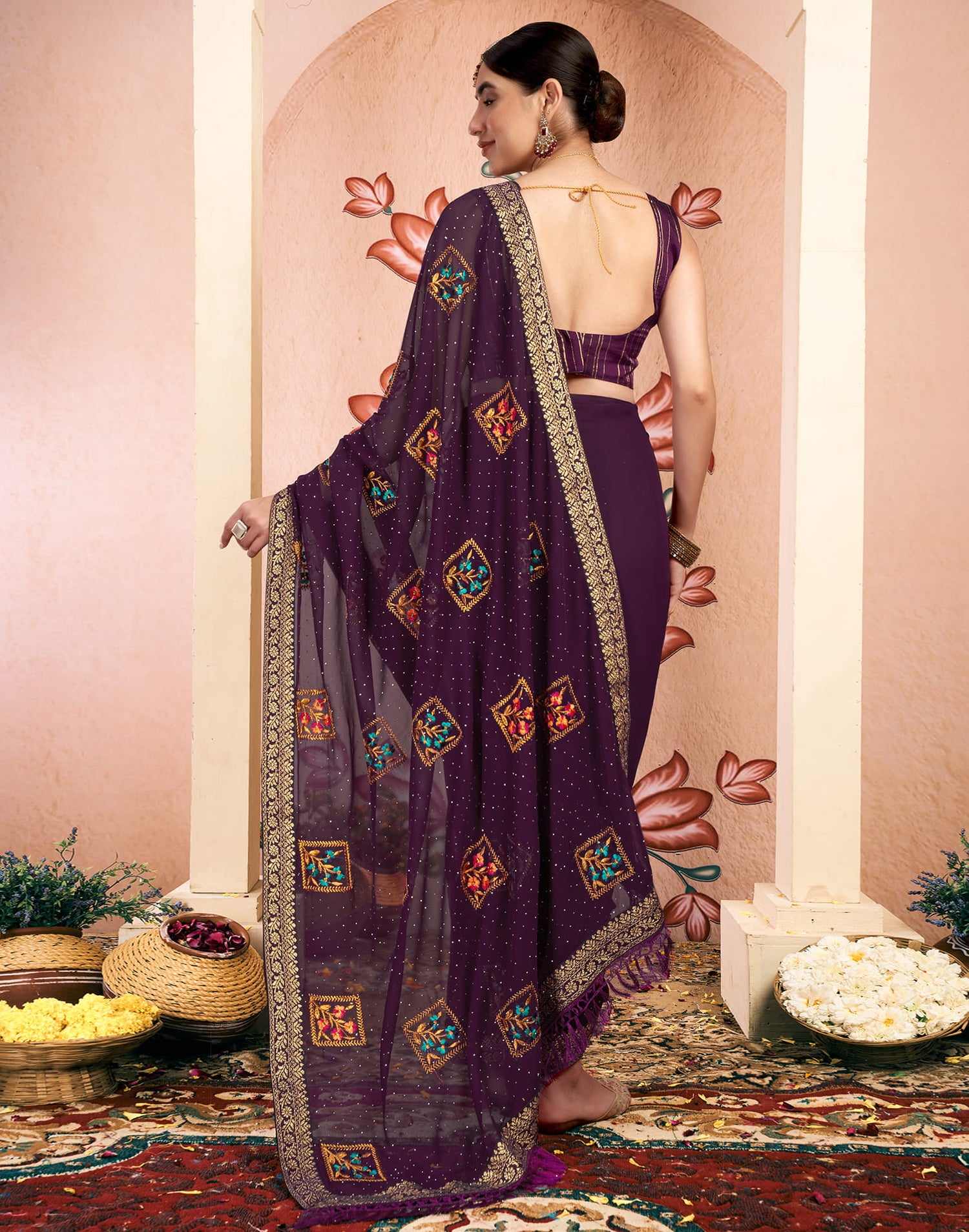 Wine Georgette Embroidery Embellished Saree