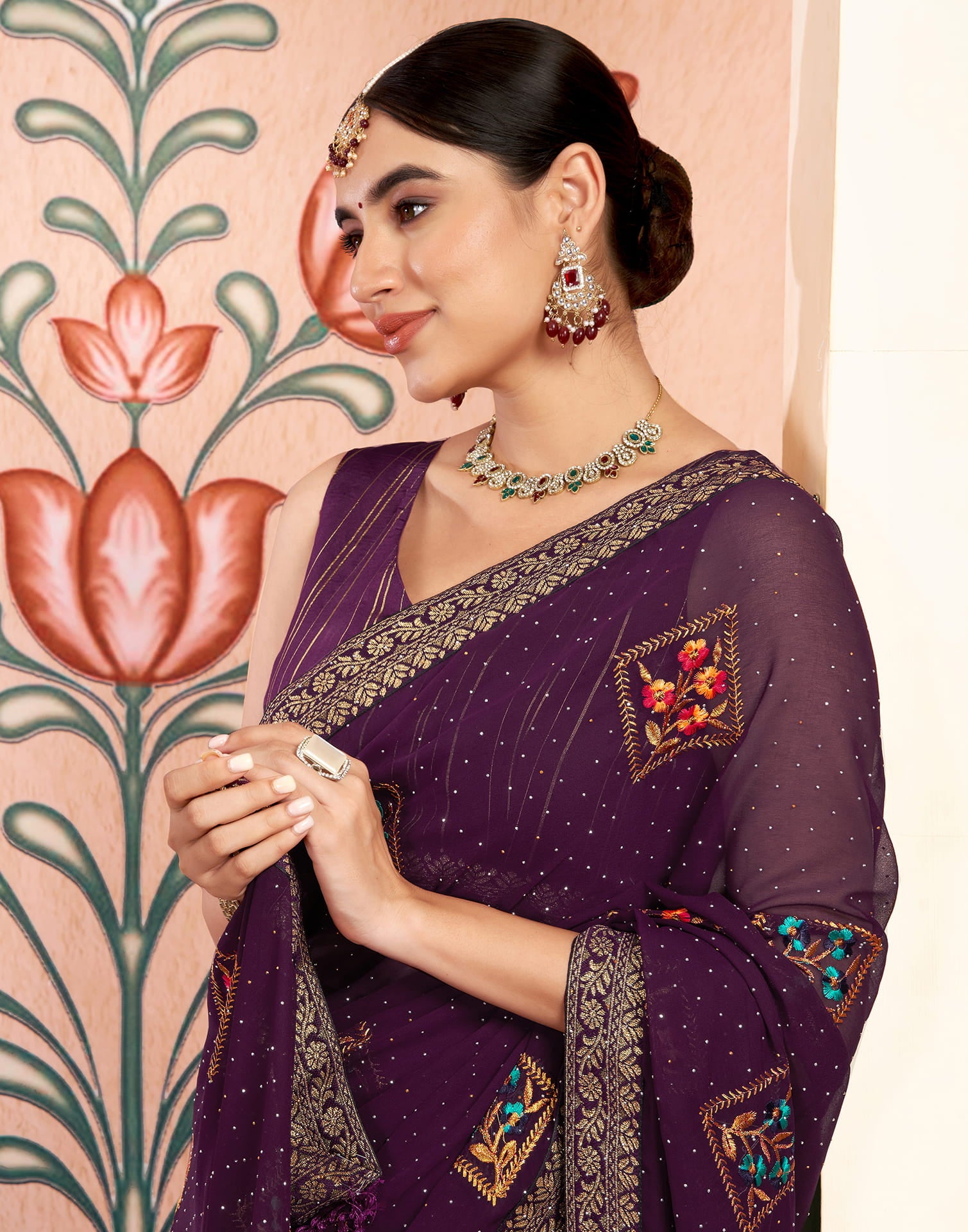 Dark Purple Georgette Embroidery Embellished Saree