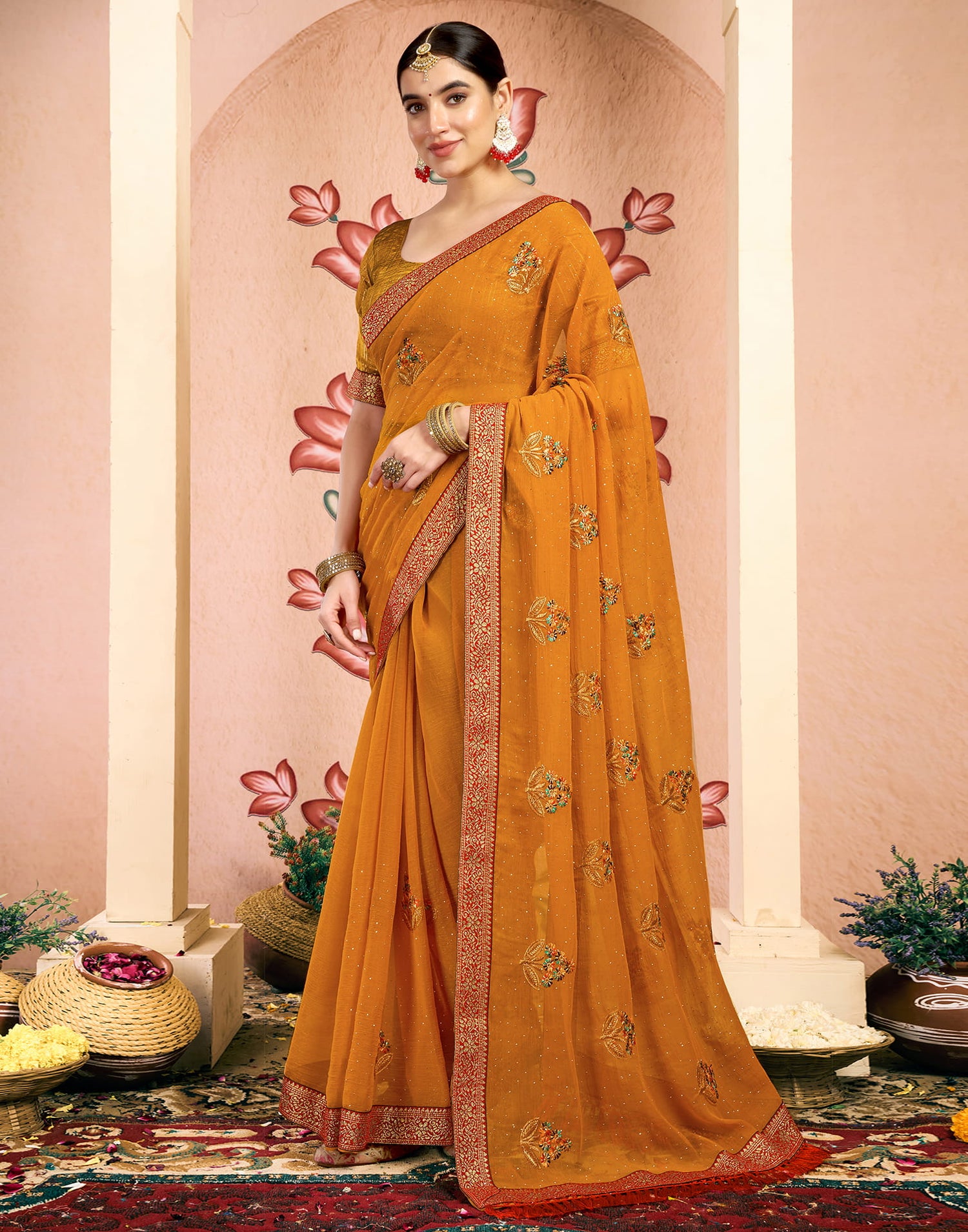 Mustard Yellow Georgette Embroidery Swarovski Saree