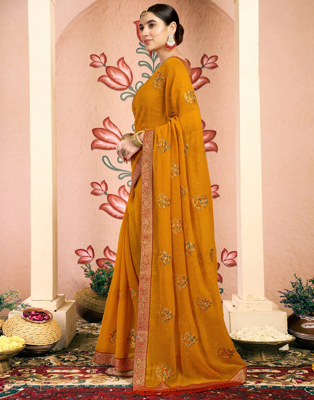 Yellow Georgette Embroidery Embellished Saree