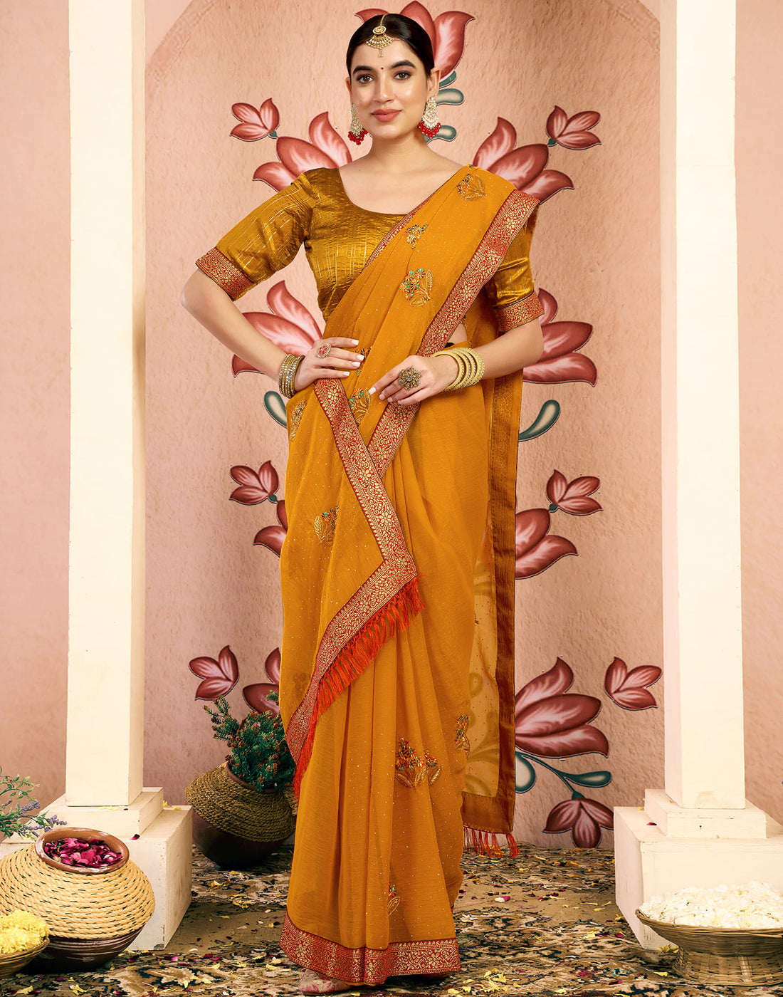 Yellow Georgette Embroidery Embellished Saree
