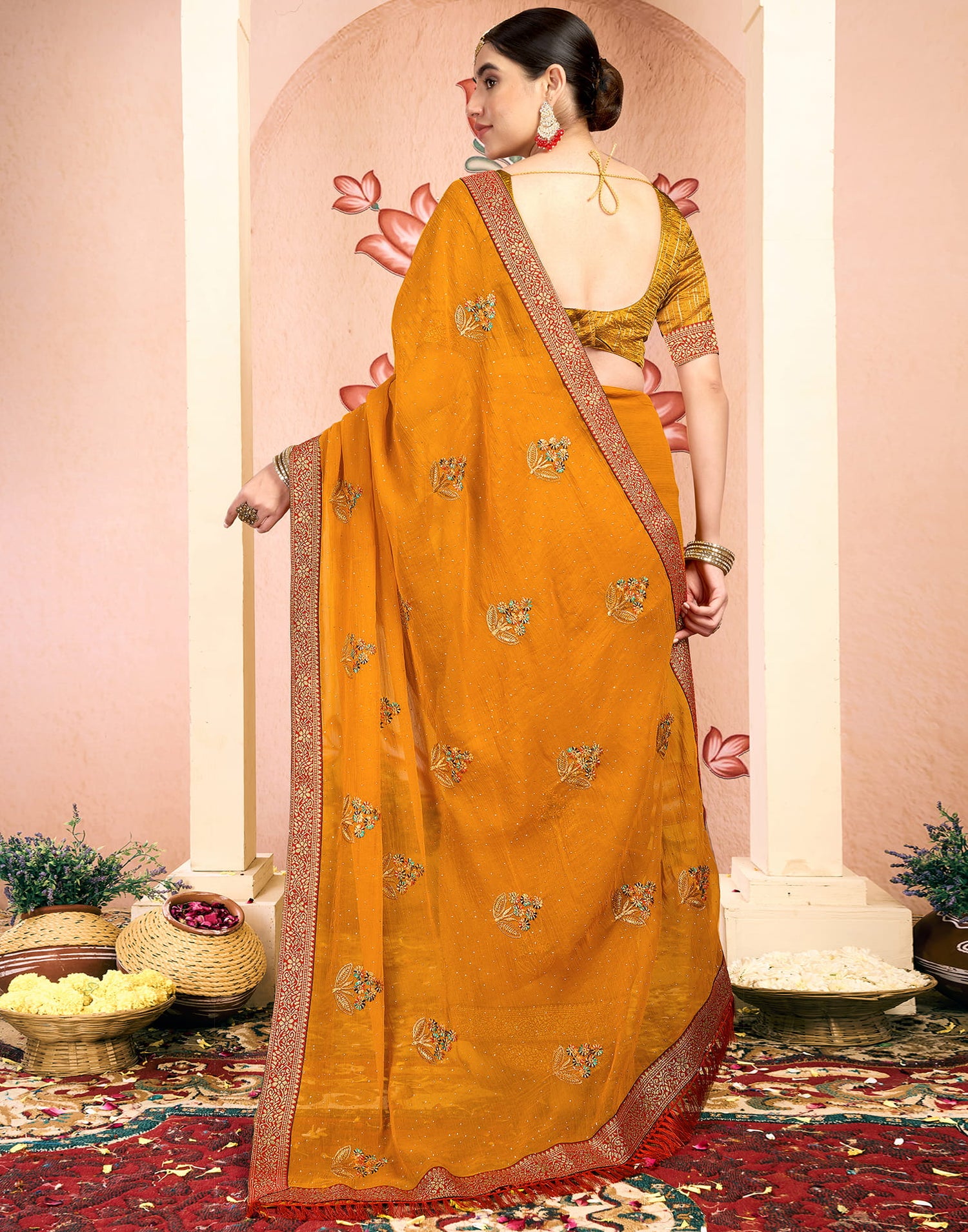 Mustard Yellow Georgette Embroidery Swarovski Saree