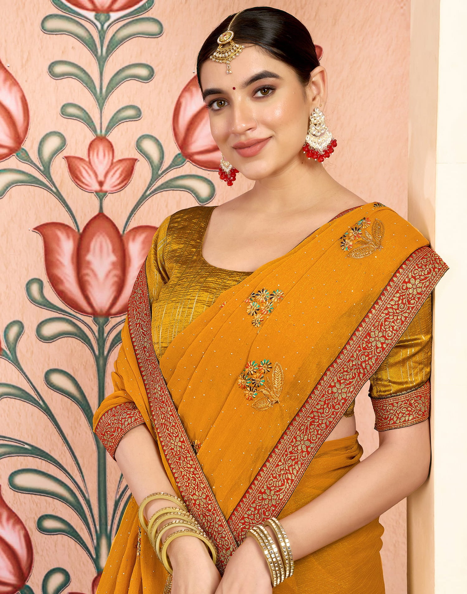 Mustard Yellow Georgette Embroidery Swarovski Saree