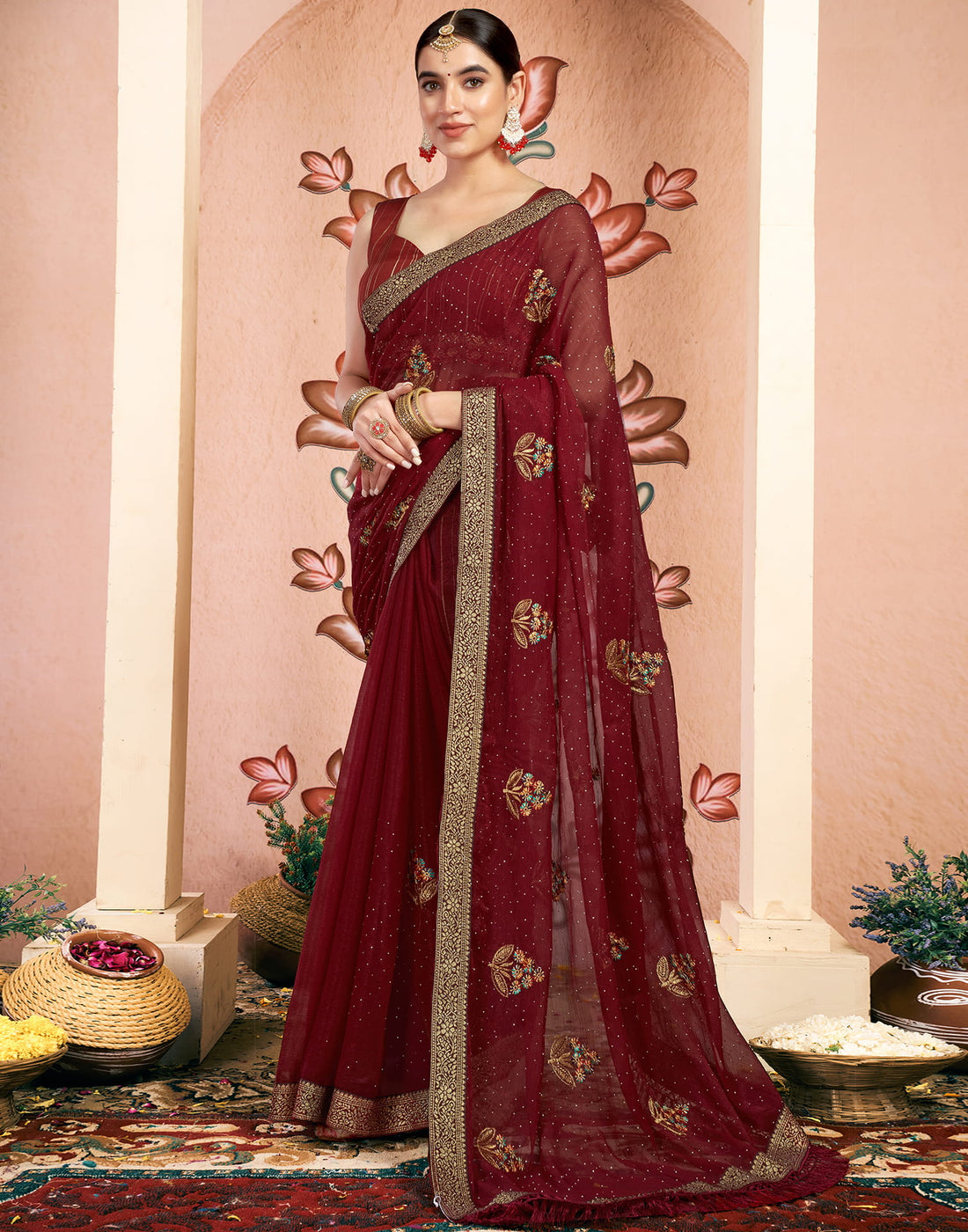 Maroon Georgette Embroidery Embellished Saree