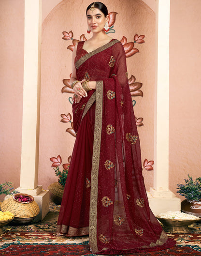 Maroon Georgette Embroidery Swarovski Saree