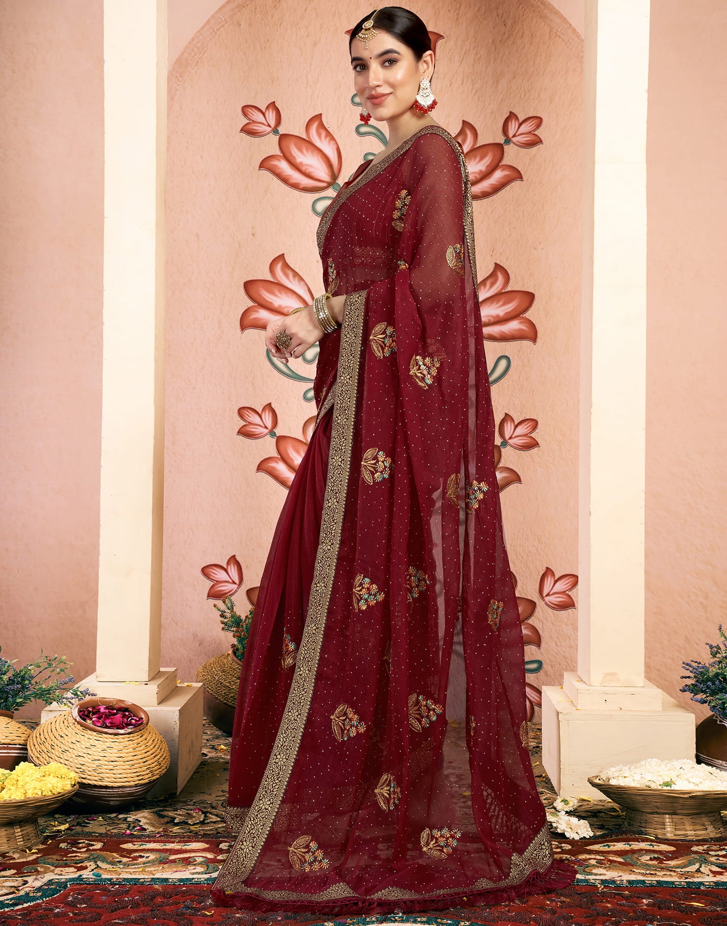 Maroon Georgette Embroidery Swarovski Saree