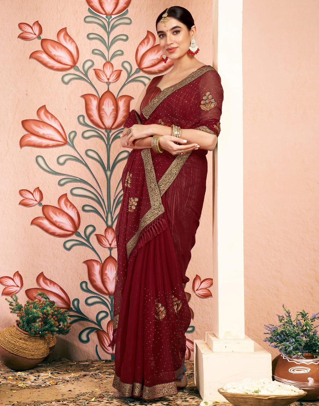 Maroon Georgette Embroidery Embellished Saree